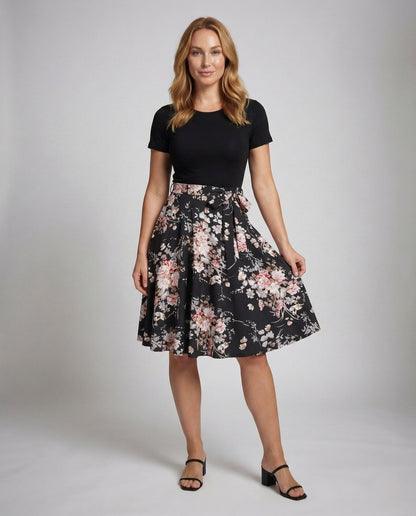 Damen Midikleid Blumenmuster Tellerrock - Eveloria