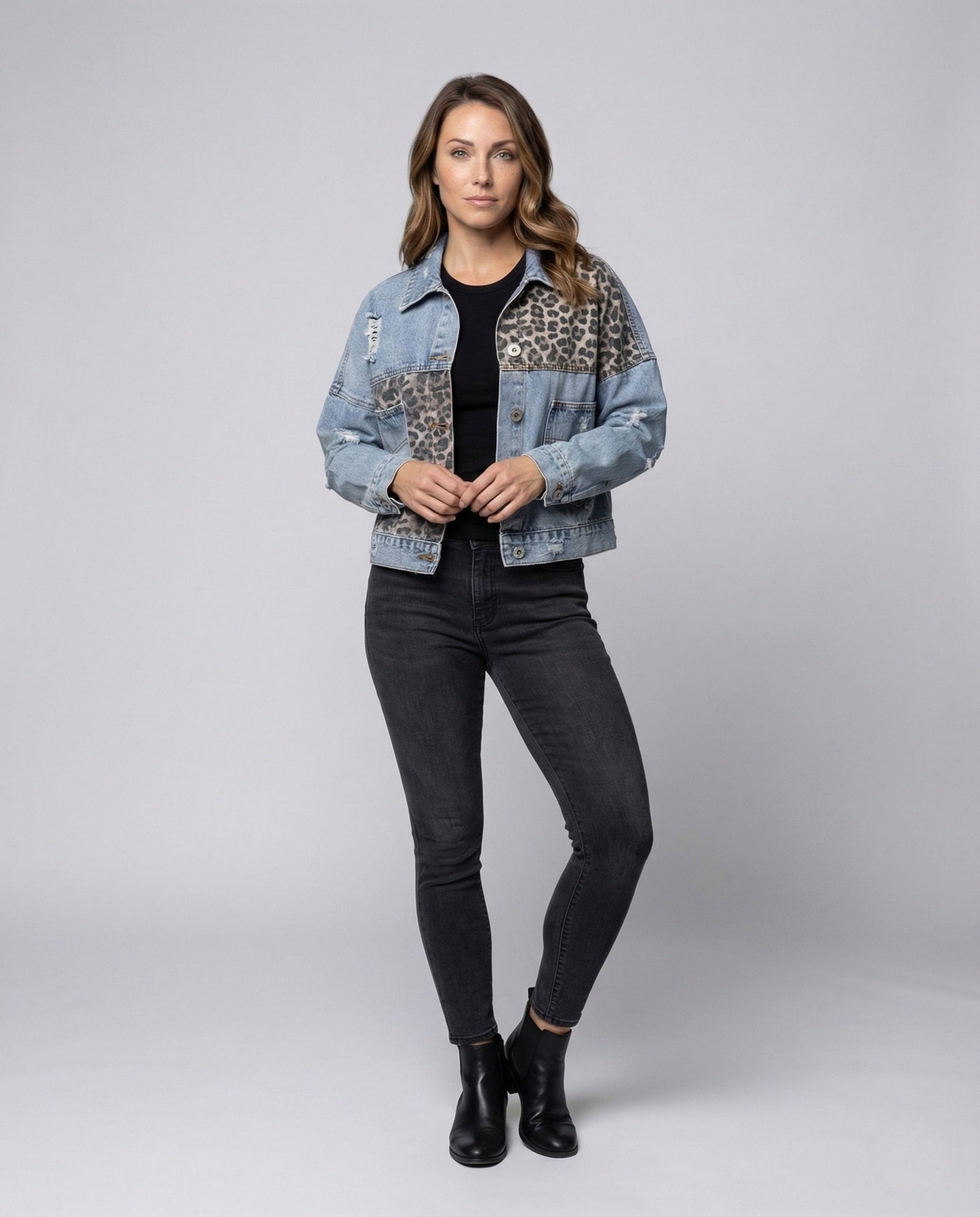 Damen Oversize Jeansjacke mit Patches Used-Look - Eveloria