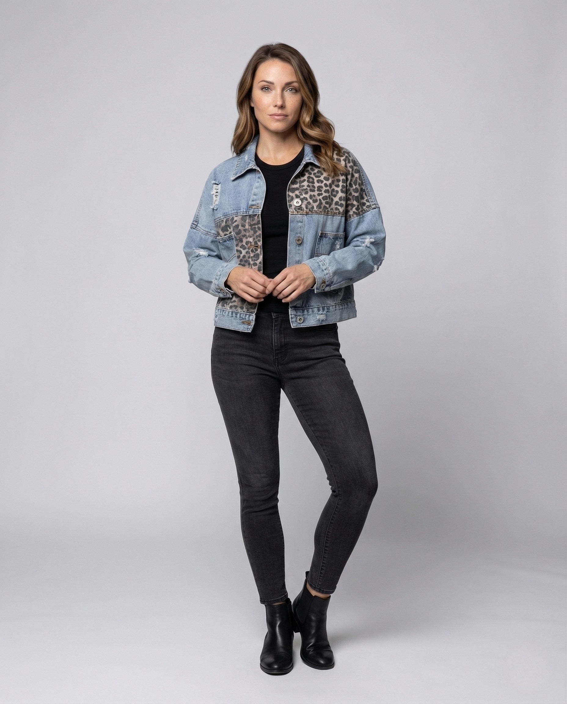 Damen Oversize Jeansjacke mit Patches Used-Look - Eveloria