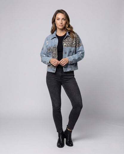 Damen Oversize Jeansjacke mit Patches Used-Look - Eveloria