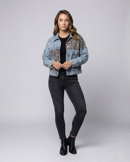 Damen Oversize Jeansjacke mit Patches Used-Look - Eveloria