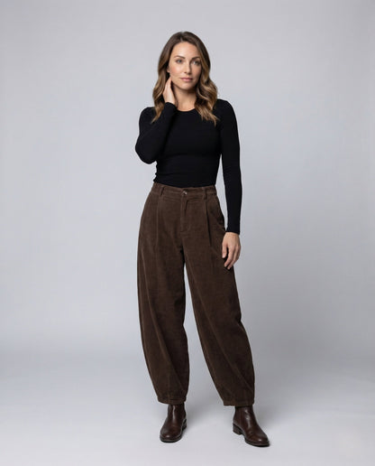 Damen Feincordhose mit Bundfalten und Ballonbein - Eveloria