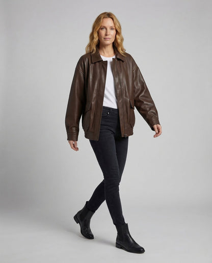 Damen Lederjacke Oversize Mit Hemdkragen - Eveloria
