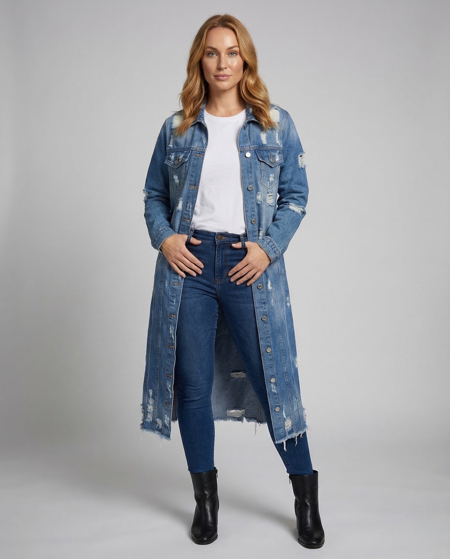 Damen Jeansmantel Lang Fransen - Eveloria