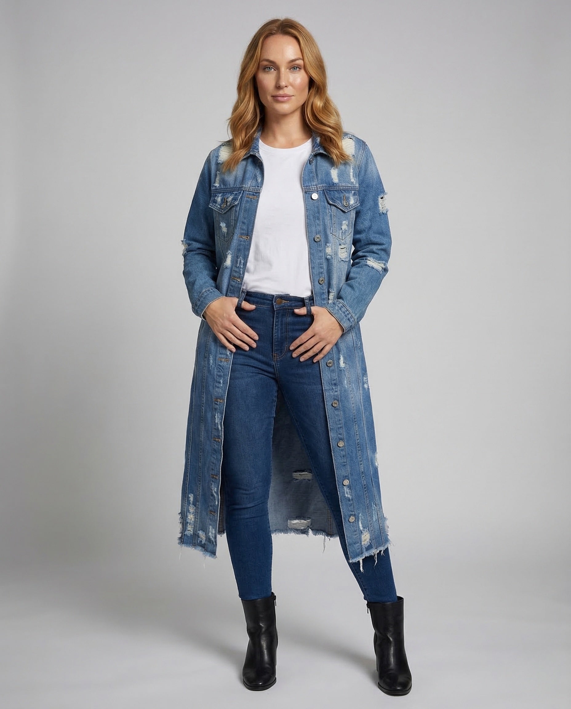 Damen Jeansmantel Lang Fransen - Eveloria