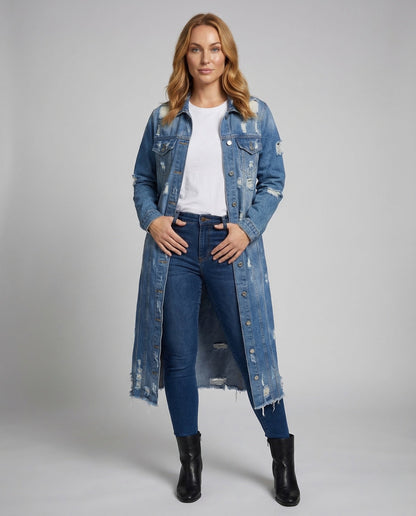 Damen Jeansmantel Lang Fransen - Eveloria