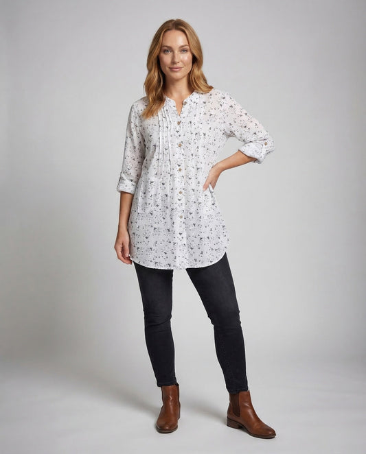 Damen Oversize Longbluse Stehkragen - Eveloria
