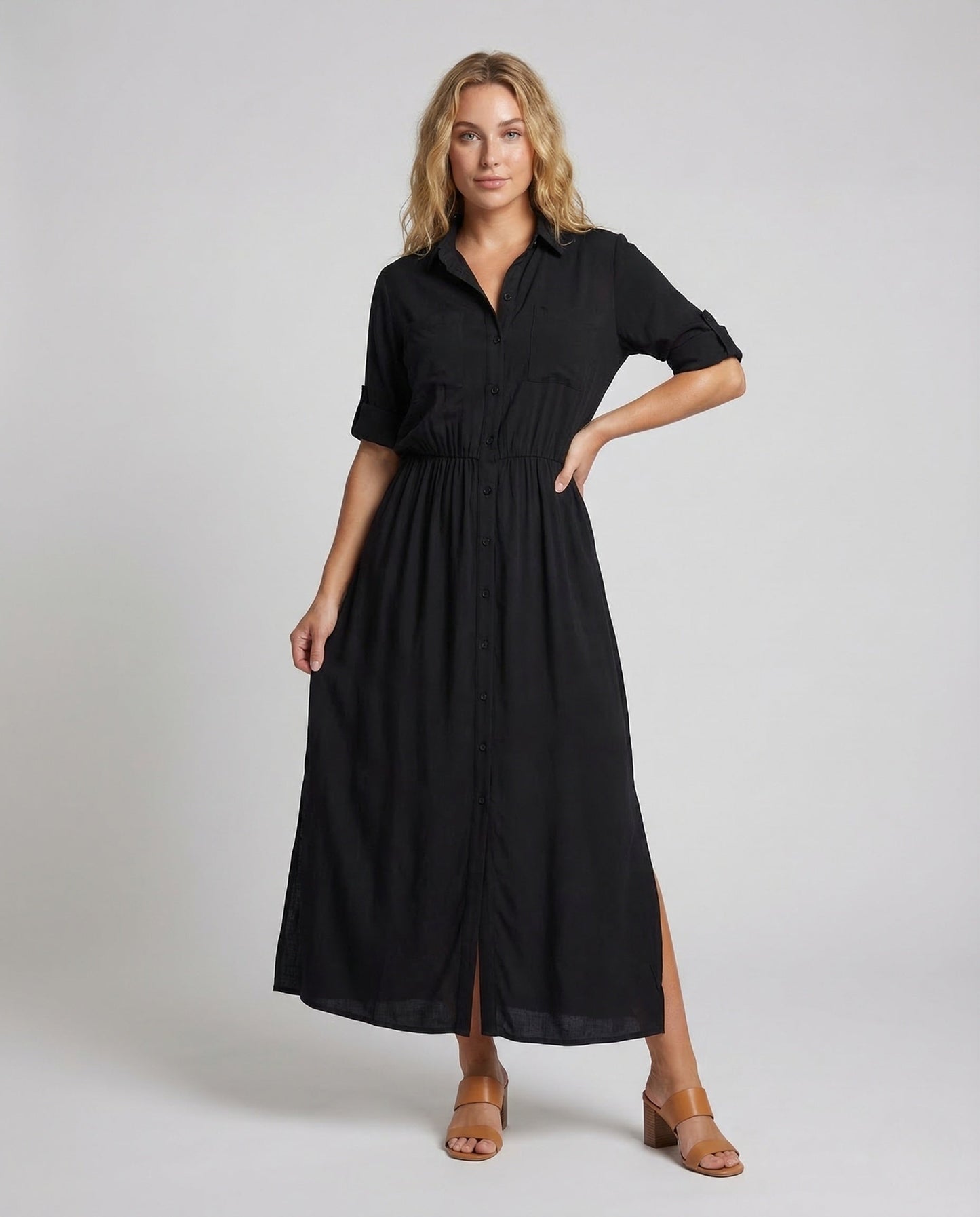 Damen Maxikleid mit Knopfleiste und Gürtel - Eveloria