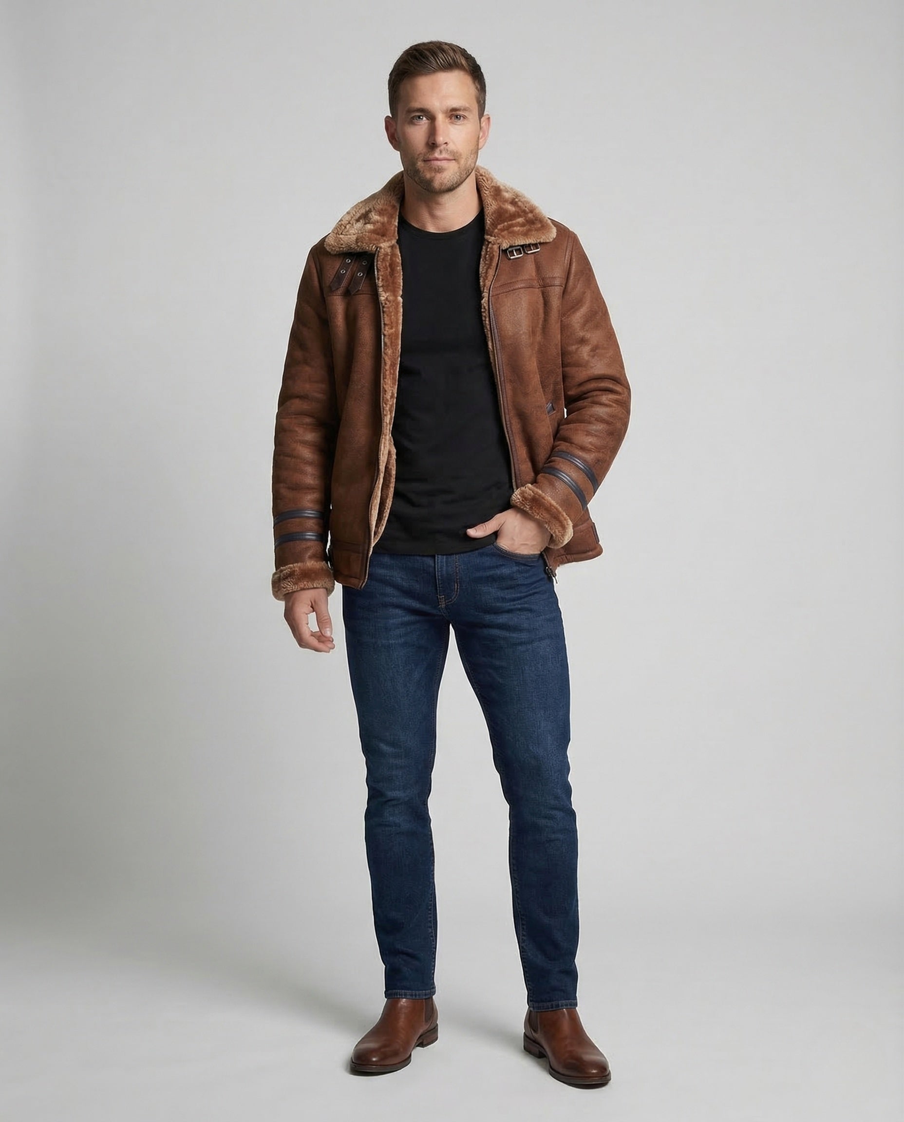 Herren Aviatorjacke Teddyfutter Leder Schwarz - Eveloria