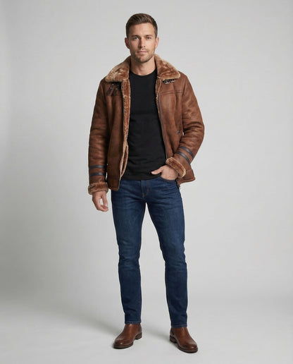 Herren Aviatorjacke Teddyfutter Leder Schwarz - Eveloria