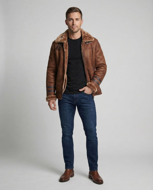 Herren Aviatorjacke Teddyfutter Leder Schwarz - Eveloria