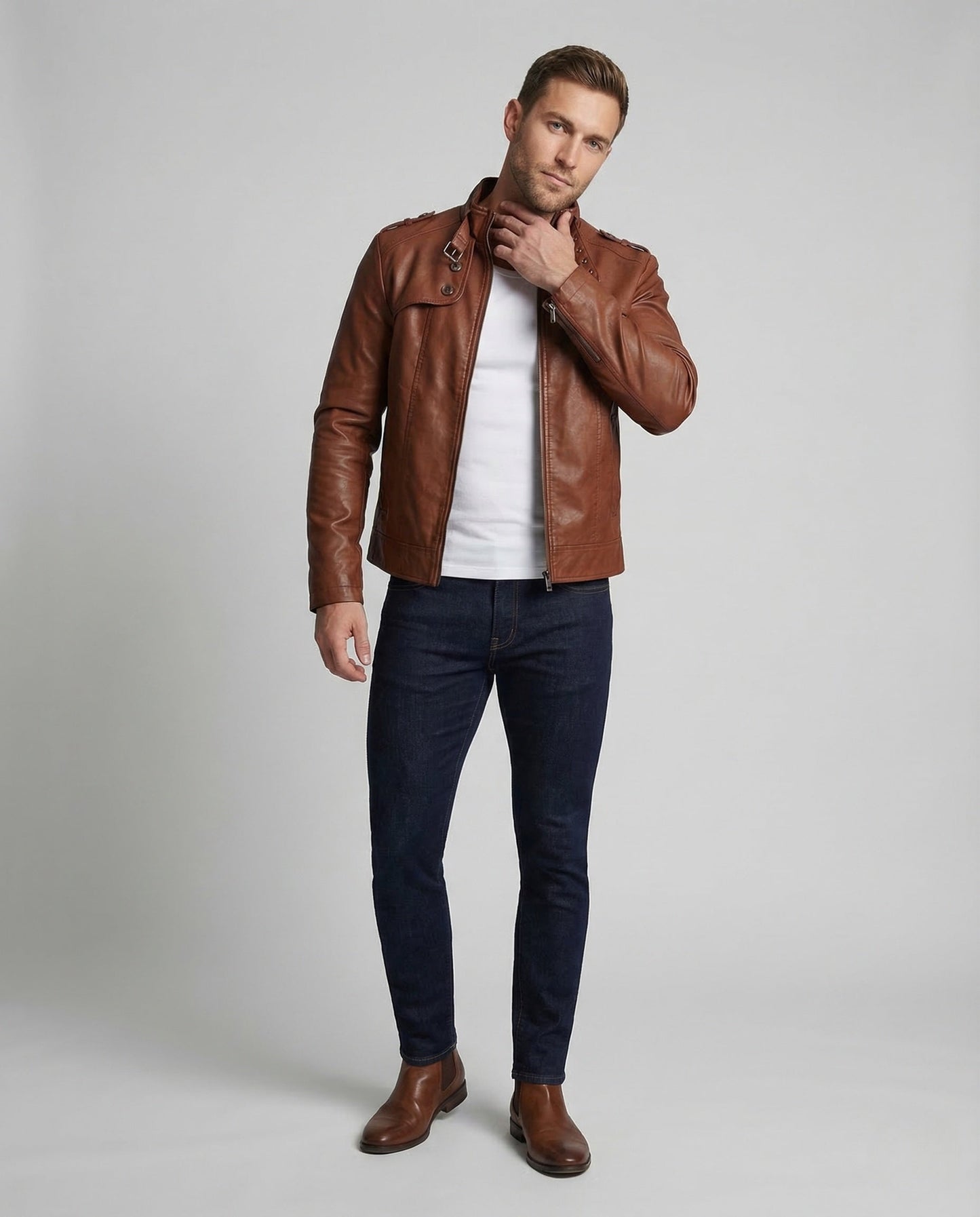 Herren Kunstlederjacke Biker Militärstil Schwarz - Eveloria