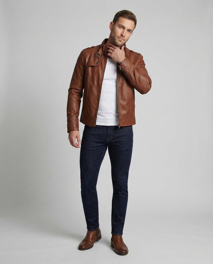 Herren Kunstlederjacke Biker Militärstil Schwarz - Eveloria