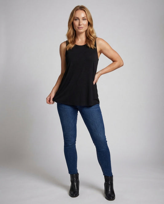 Damen Ärmelloses Jersey-Shirt Baumwolle Rundhals Schwarz - Eveloria