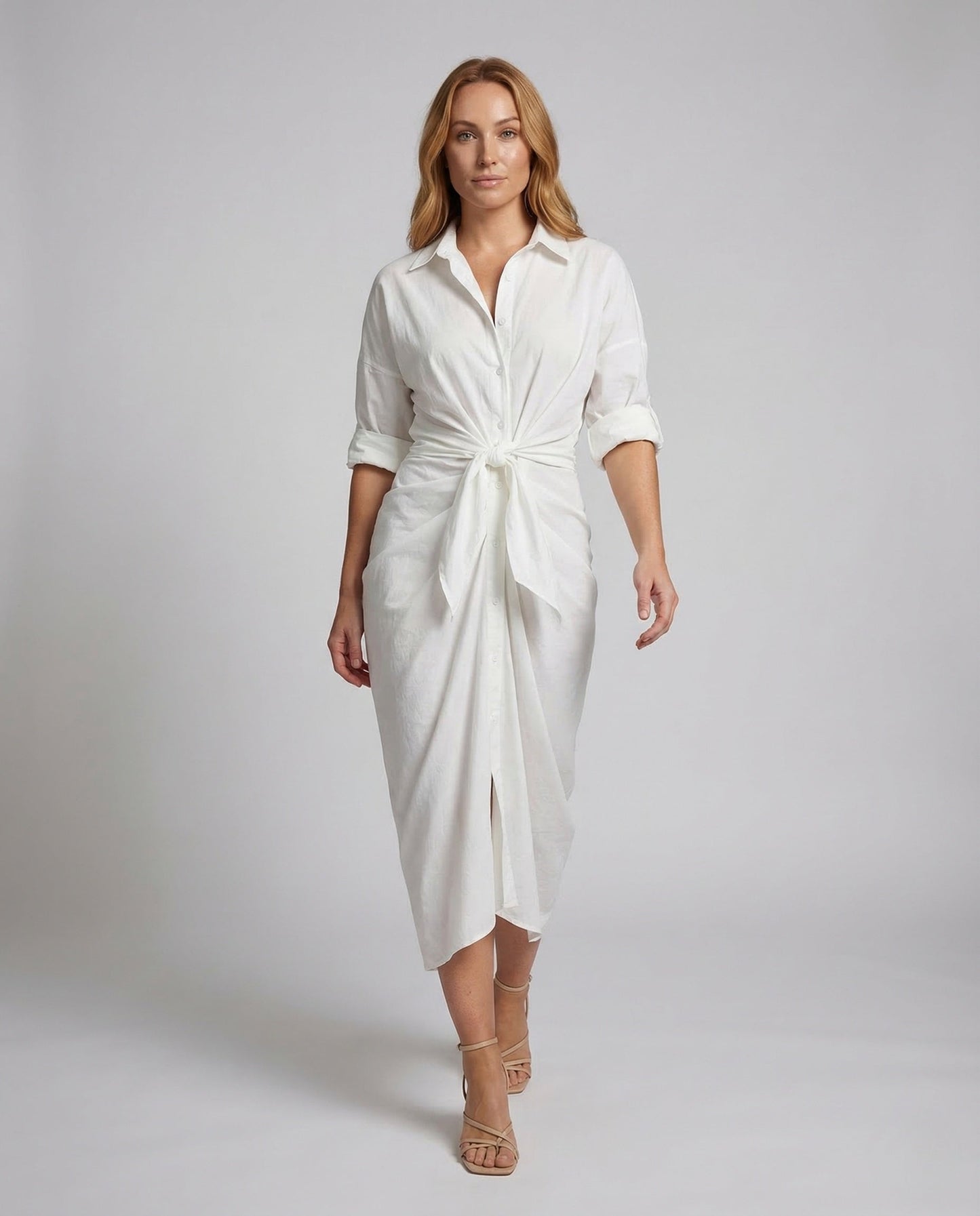 Damen Wickelkleid Leinen Gürtel Beige - Eveloria