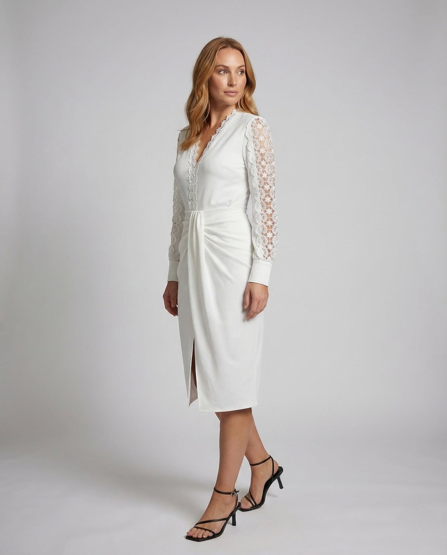 Damen Wickelkleid Spitze Ärmel Drapierte Taille - Eveloria