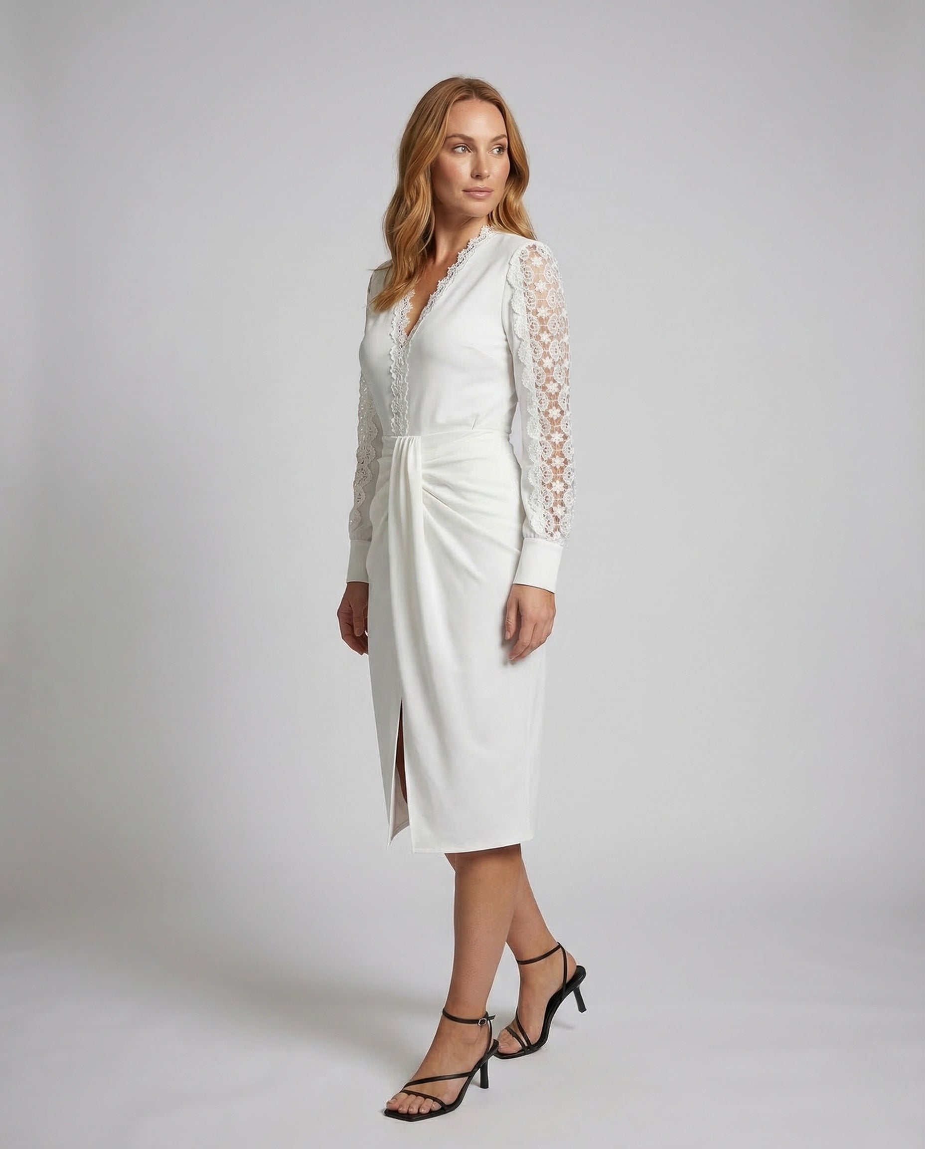 Damen Wickelkleid Spitze Ärmel Drapierte Taille - Eveloria