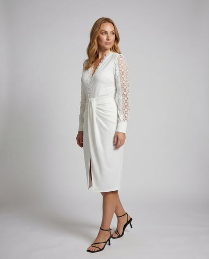 Damen Wickelkleid Spitze Ärmel Drapierte Taille - Eveloria