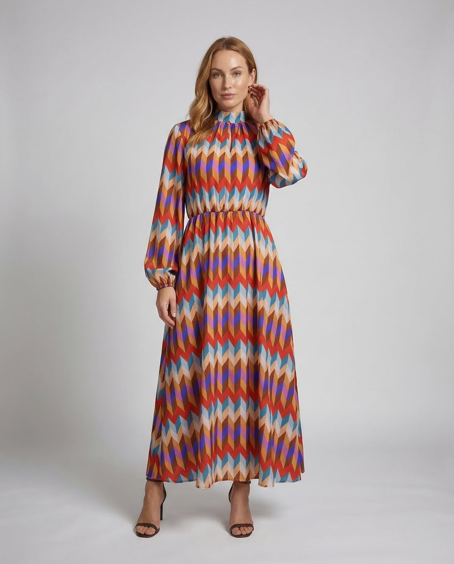 Damen Maxikleid mit Stehkragen und Ballonärmel mit Gürtel - Eveloria