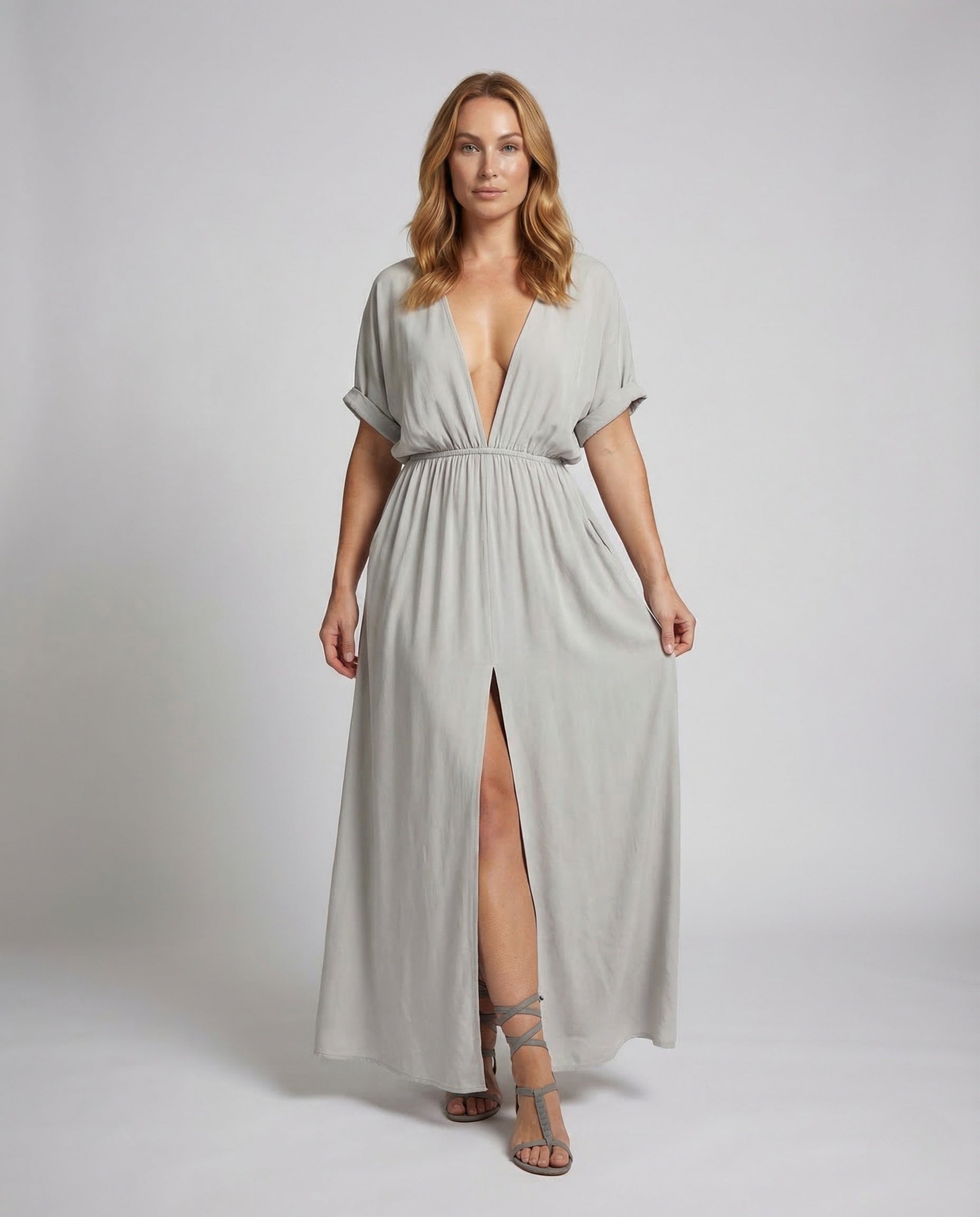 Damen Maxikleid V-Ausschnitt mit Schlitz und Elastikbund - Eveloria