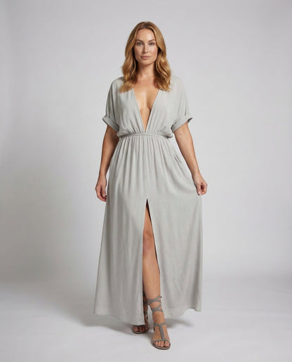 Damen Maxikleid V-Ausschnitt mit Schlitz und Elastikbund - Eveloria
