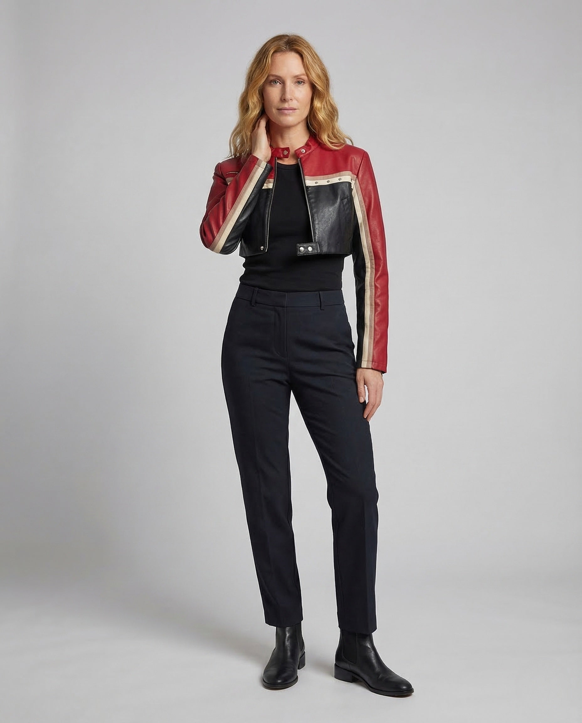 Damen Bikerjacke Kunstleder Kurz Stehkragen Schwarz - Eveloria