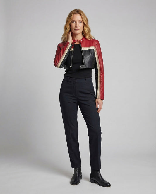 Damen Bikerjacke Kunstleder Kurz Stehkragen Schwarz - Eveloria