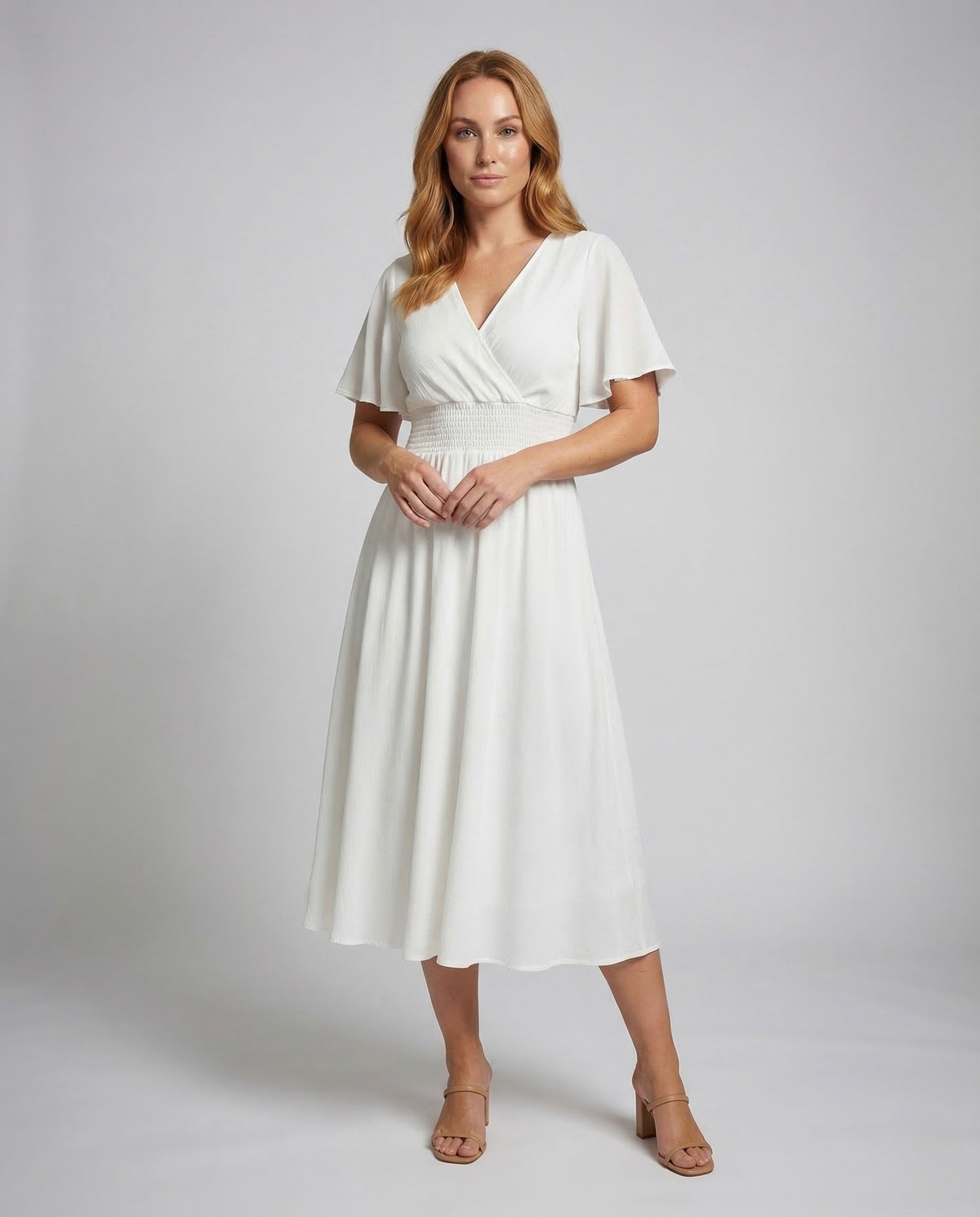 Damen Maxikleid Wickeloptik Smokbund Flügelärmel - Eveloria