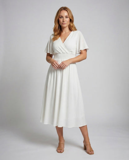 Damen Maxikleid Wickeloptik Smokbund Flügelärmel - Eveloria