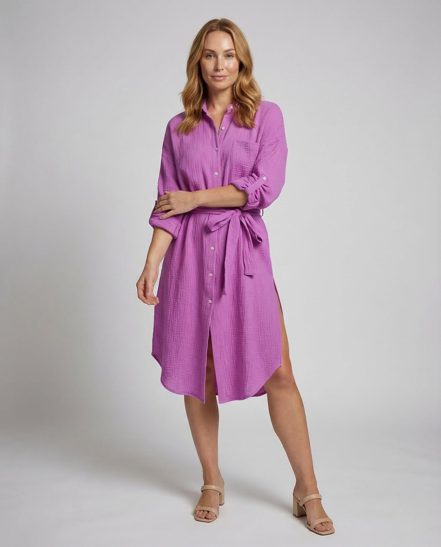 Damen Musselin Hemdkleid mit Gürtel und Schlitz - Eveloria