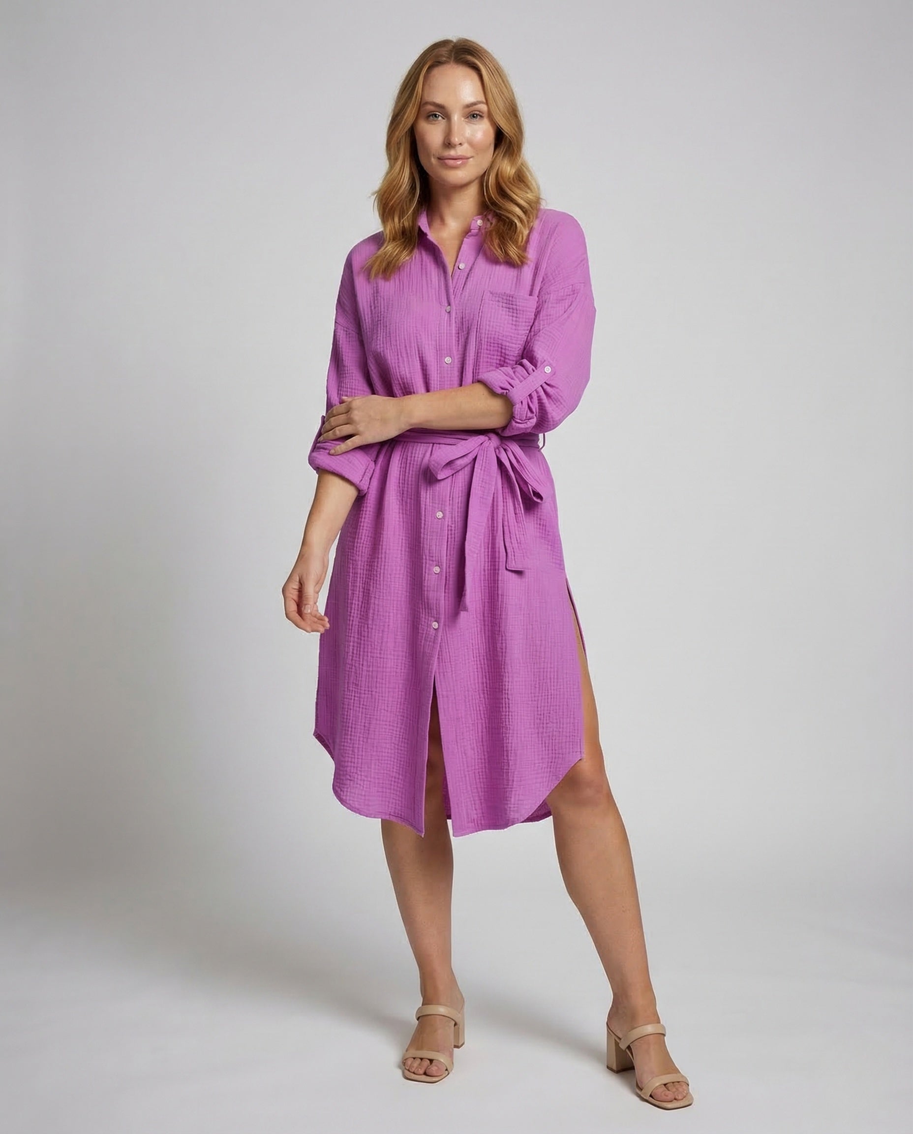 Damen Musselin Hemdkleid mit Gürtel und Schlitz - Eveloria