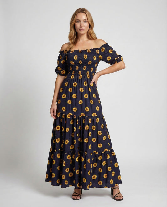 Damen Maxikleid Schulterfrei mit Smokoberteil - Eveloria