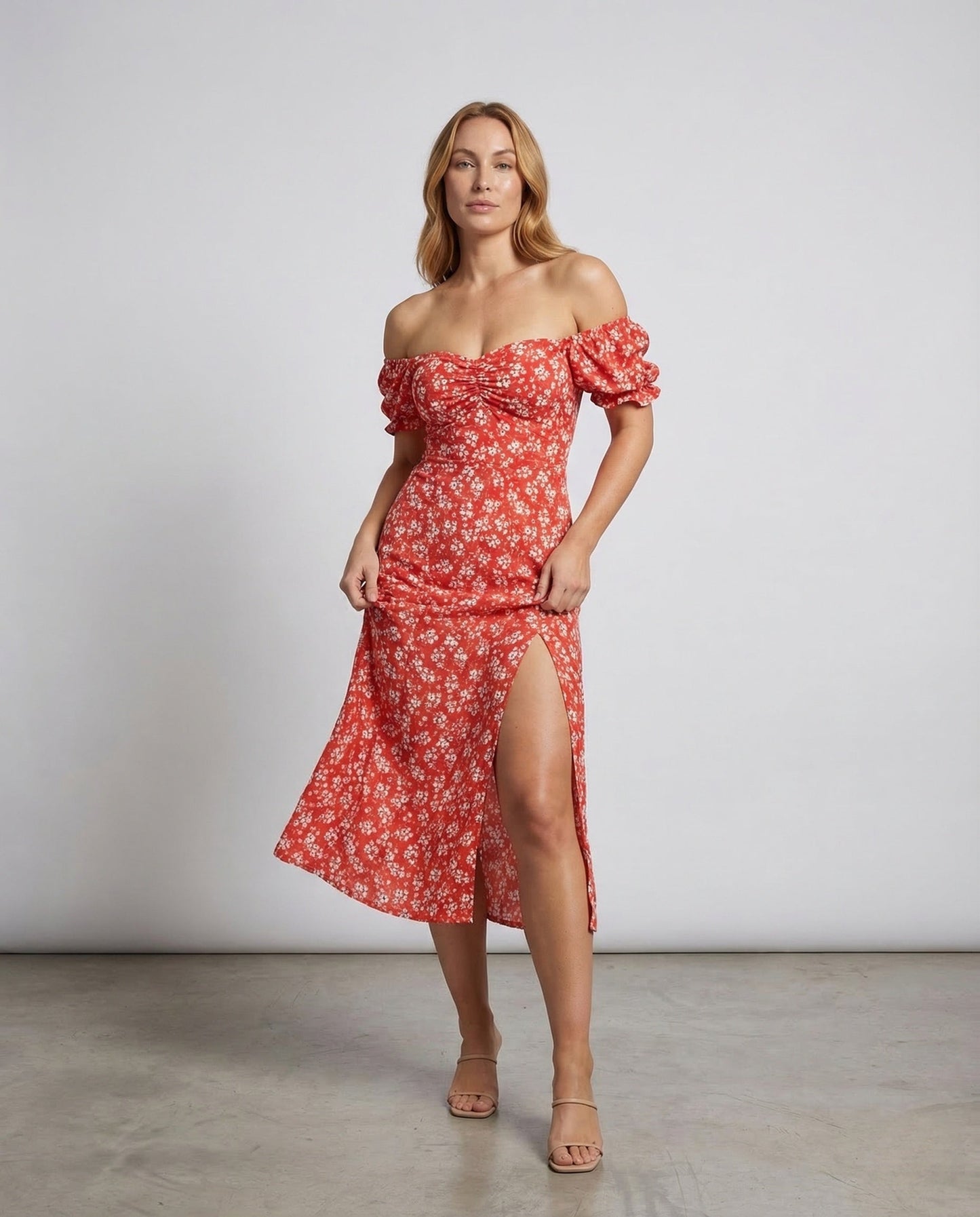 Damen Midikleid Schulterfrei Puffärmel Mit Schlitz - Eveloria