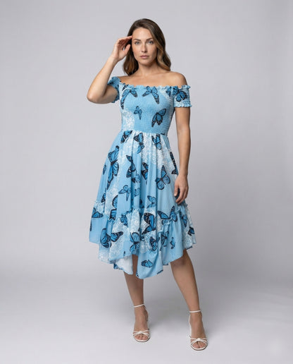 Damen Midikleid Schmetterlingsprint Volantrock - Eveloria
