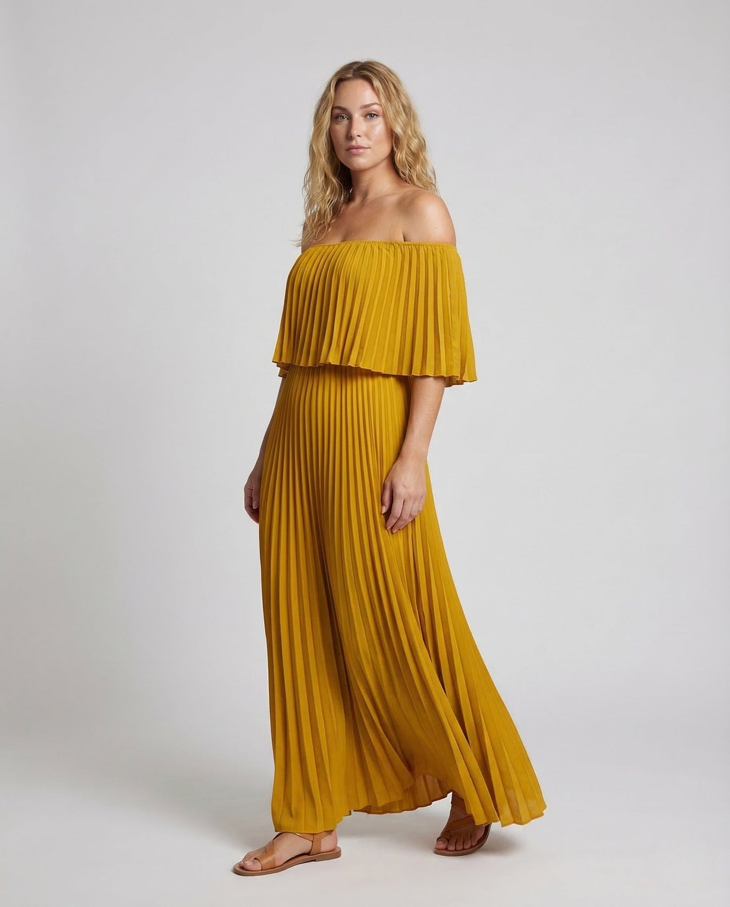 Damen Maxikleid Schulterfrei Volant Plissee - Eveloria