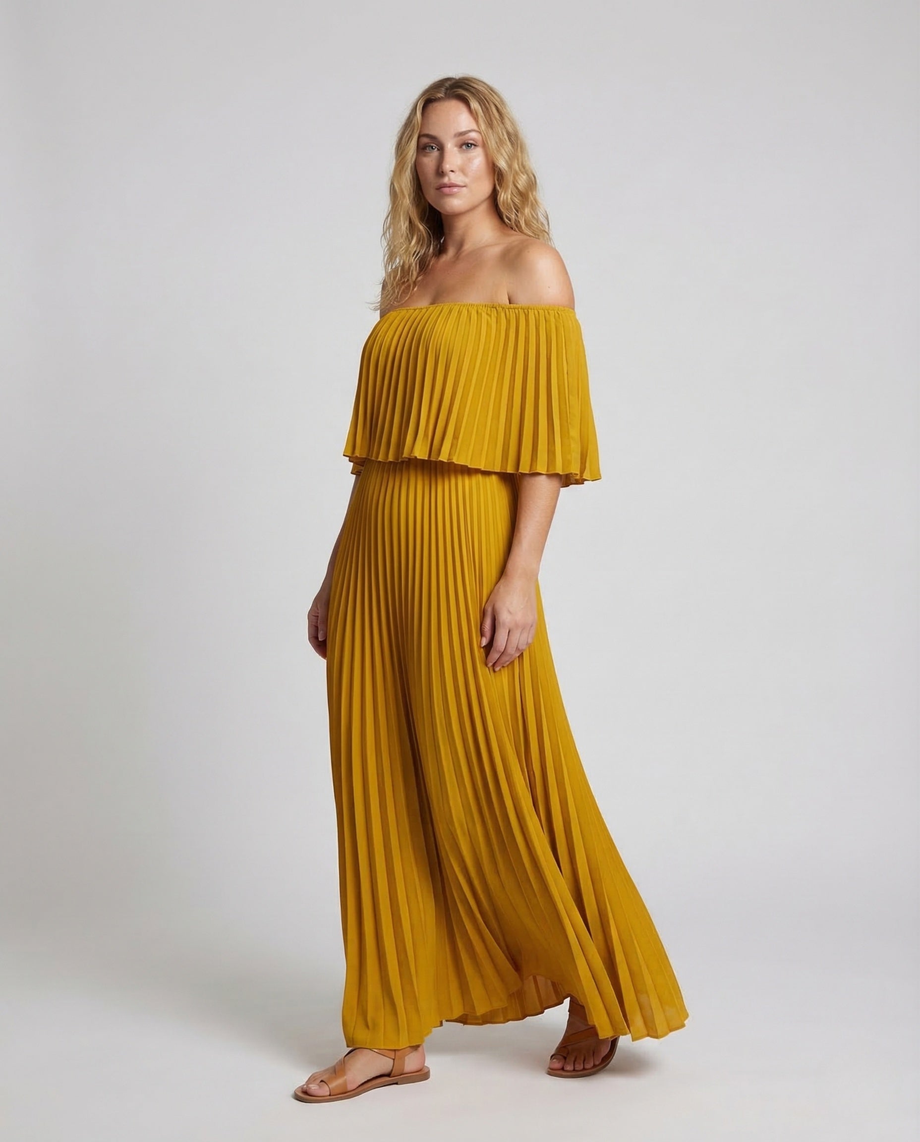 Damen Maxikleid Schulterfrei Volant Plissee - Eveloria