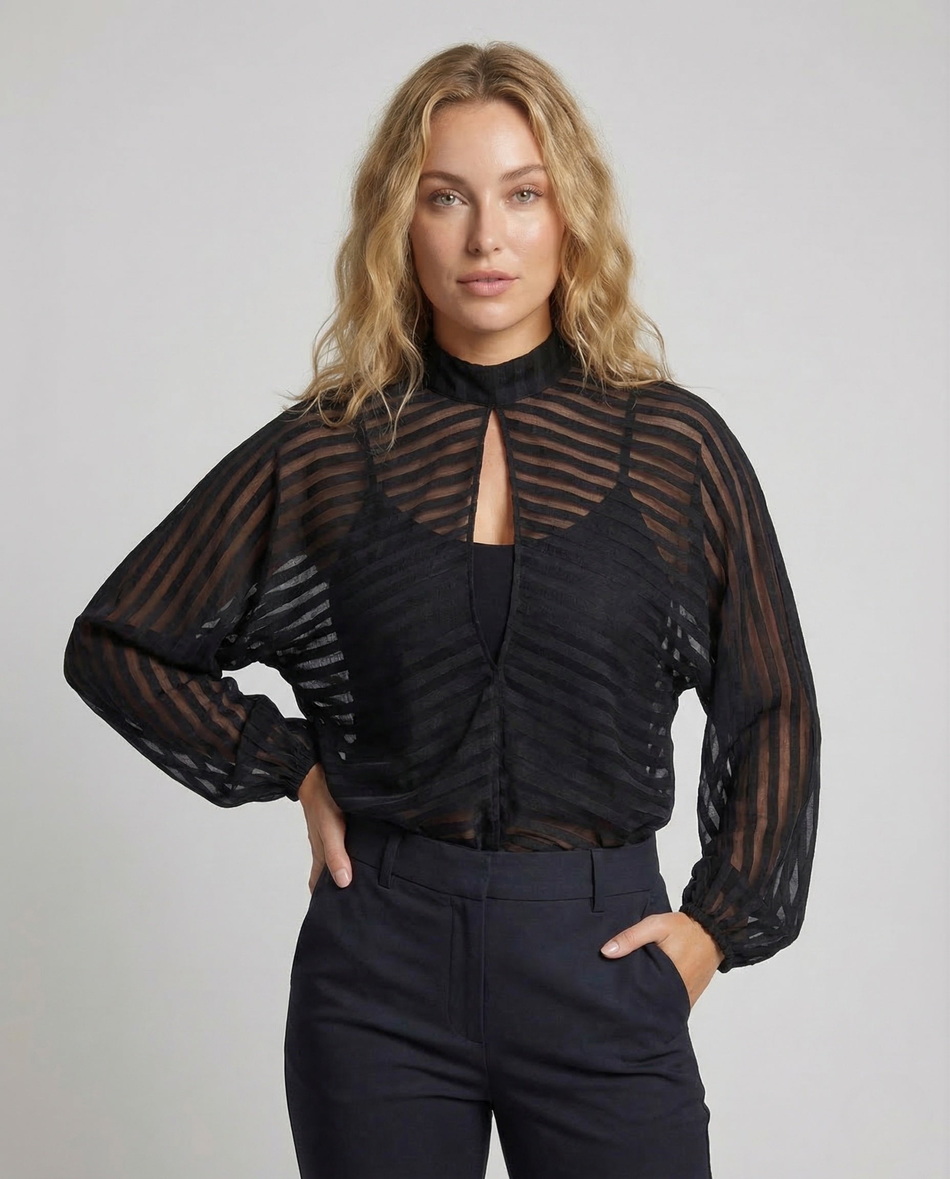 Damen Chiffon Bluse Durchsichtig Stehkragen Ballonärmel - Eveloria