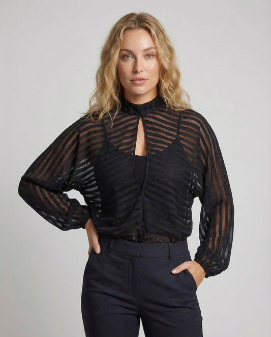 Damen Chiffon Bluse Durchsichtig Stehkragen Ballonärmel - Eveloria