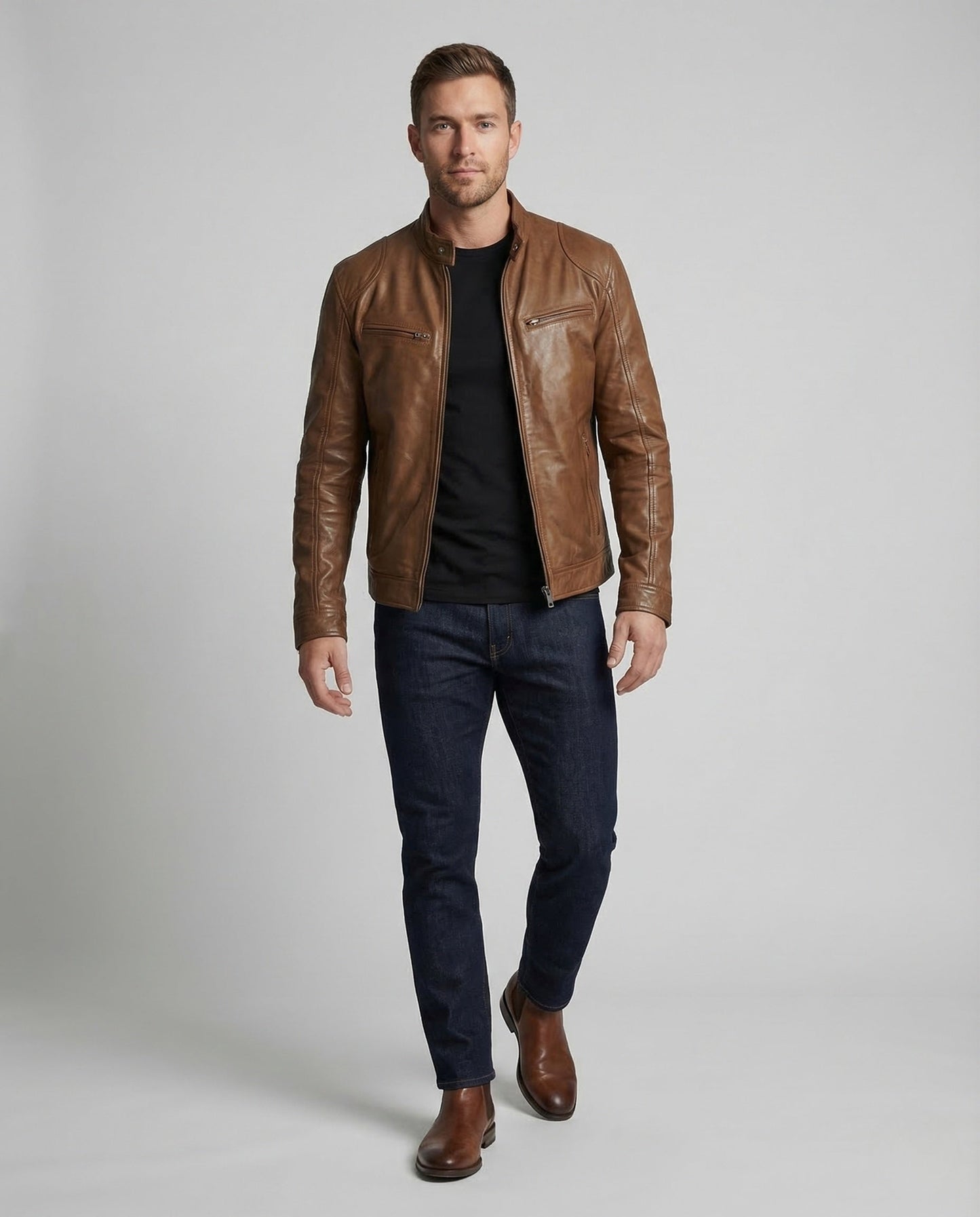 Herren Lederjacke Biker Stehkragen Schwarz - Eveloria