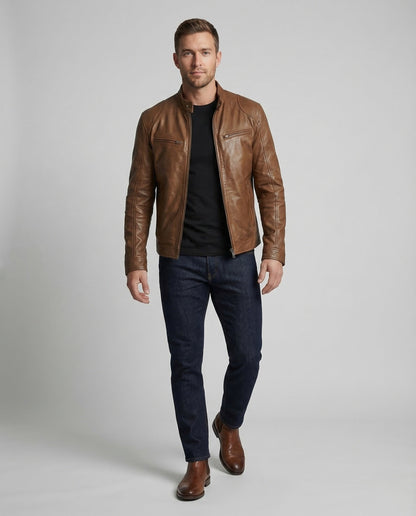 Herren Lederjacke Biker Stehkragen Schwarz - Eveloria