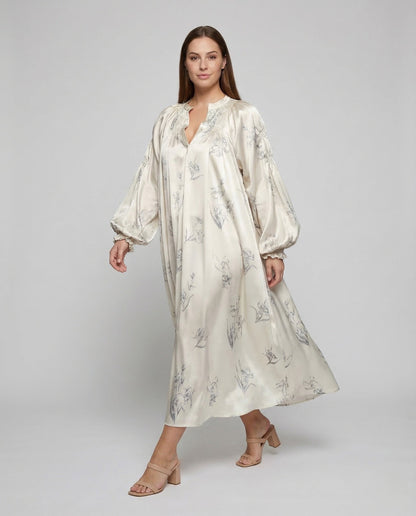 Damen Maxikleid Satin Ballonärmel Blumenmuster - Eveloria
