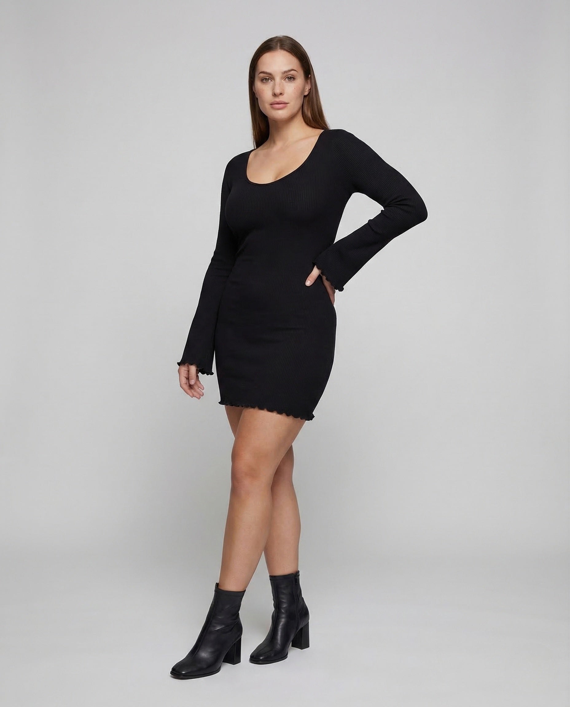 Damen Minikleid Langarm V-Ausschnitt Rippstoff - Eveloria