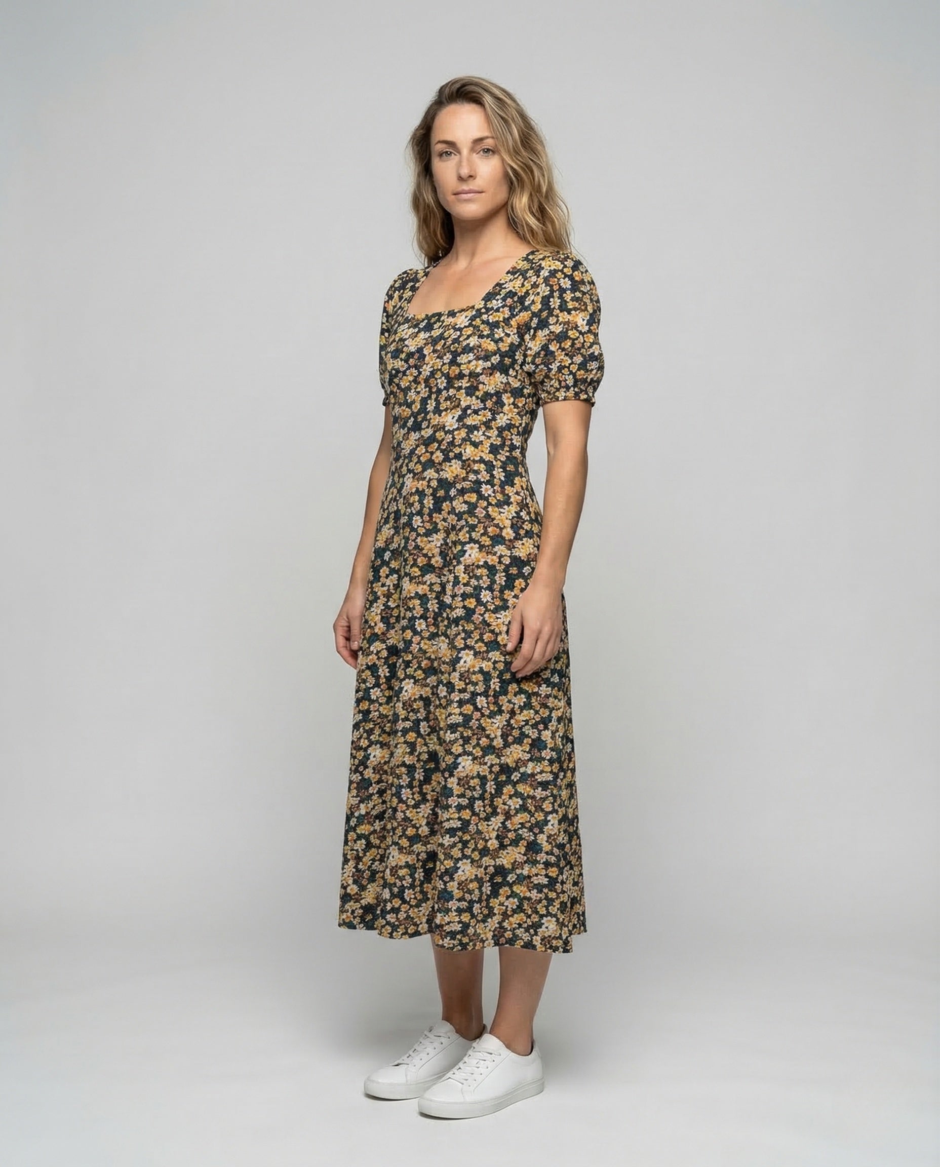 Damen Midikleid mit Blumenmuster und Puffärmeln - Eveloria