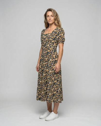 Damen Midikleid mit Blumenmuster und Puffärmeln - Eveloria