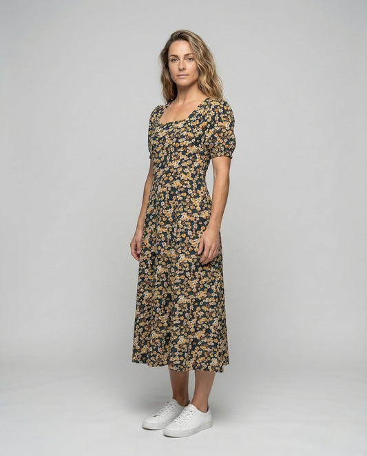 Damen Midikleid mit Blumenmuster und Puffärmeln - Eveloria