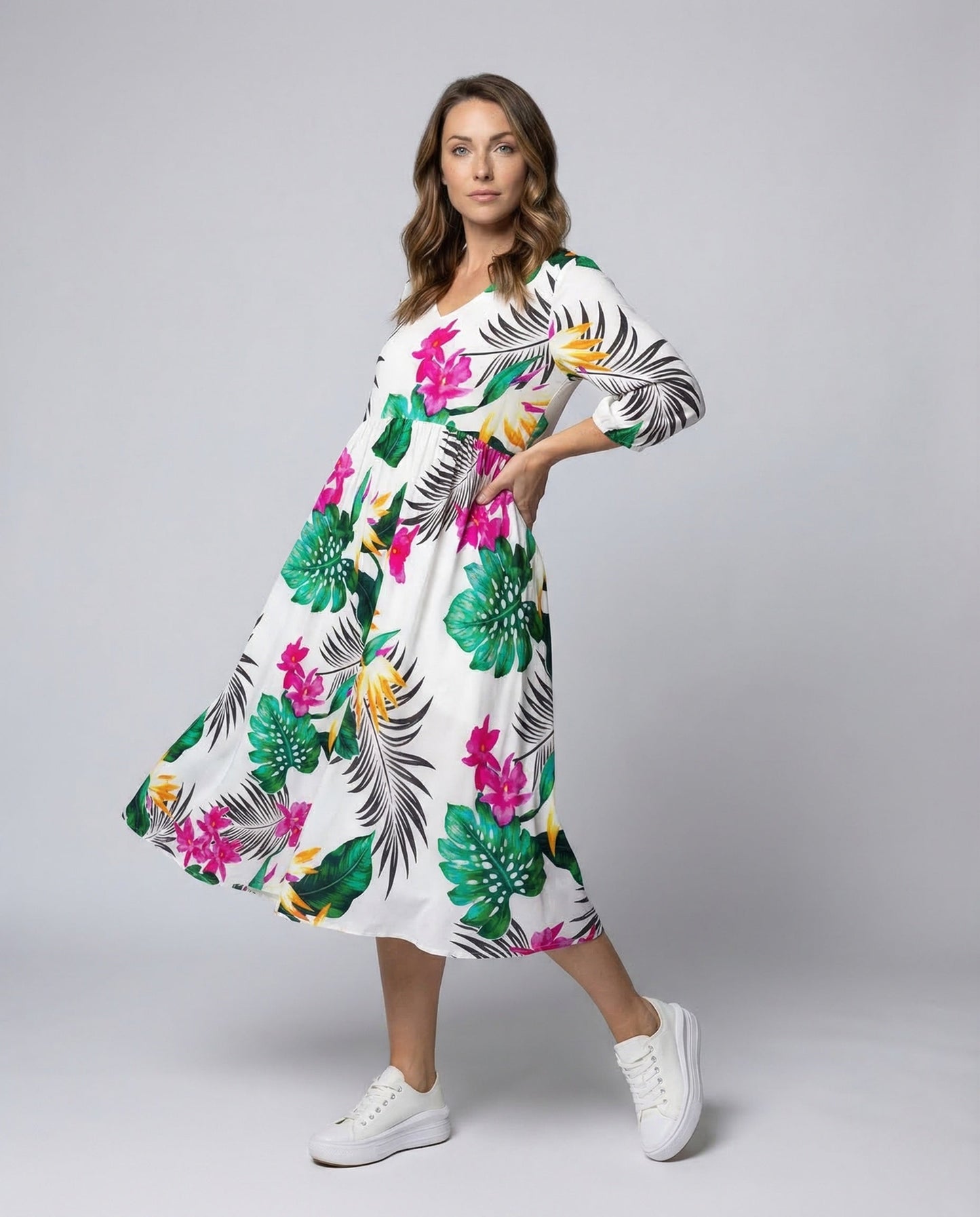 Damen Midikleid mit Tellerrock Blumenprint - Eveloria