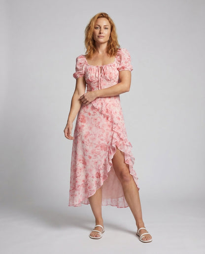 Damen Maxikleid mit Puffärmeln und Volantsaum - Eveloria