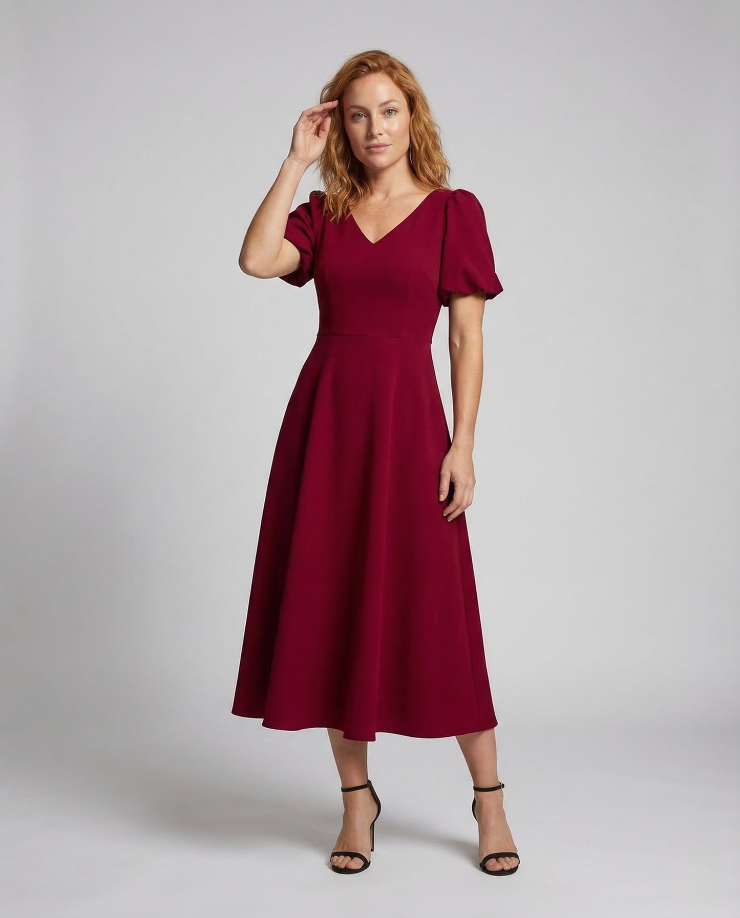 Damen Midikleid V-Ausschnitt Puffärmel - Eveloria