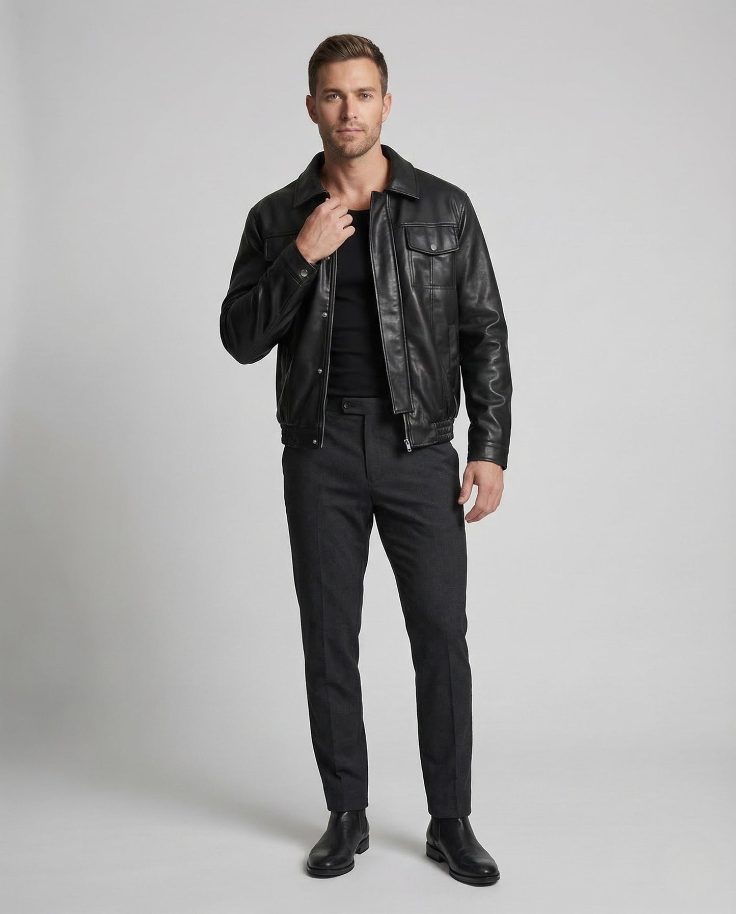 Herren Workerjacke Kunstleder mit Pattentaschen Schwarz - Eveloria