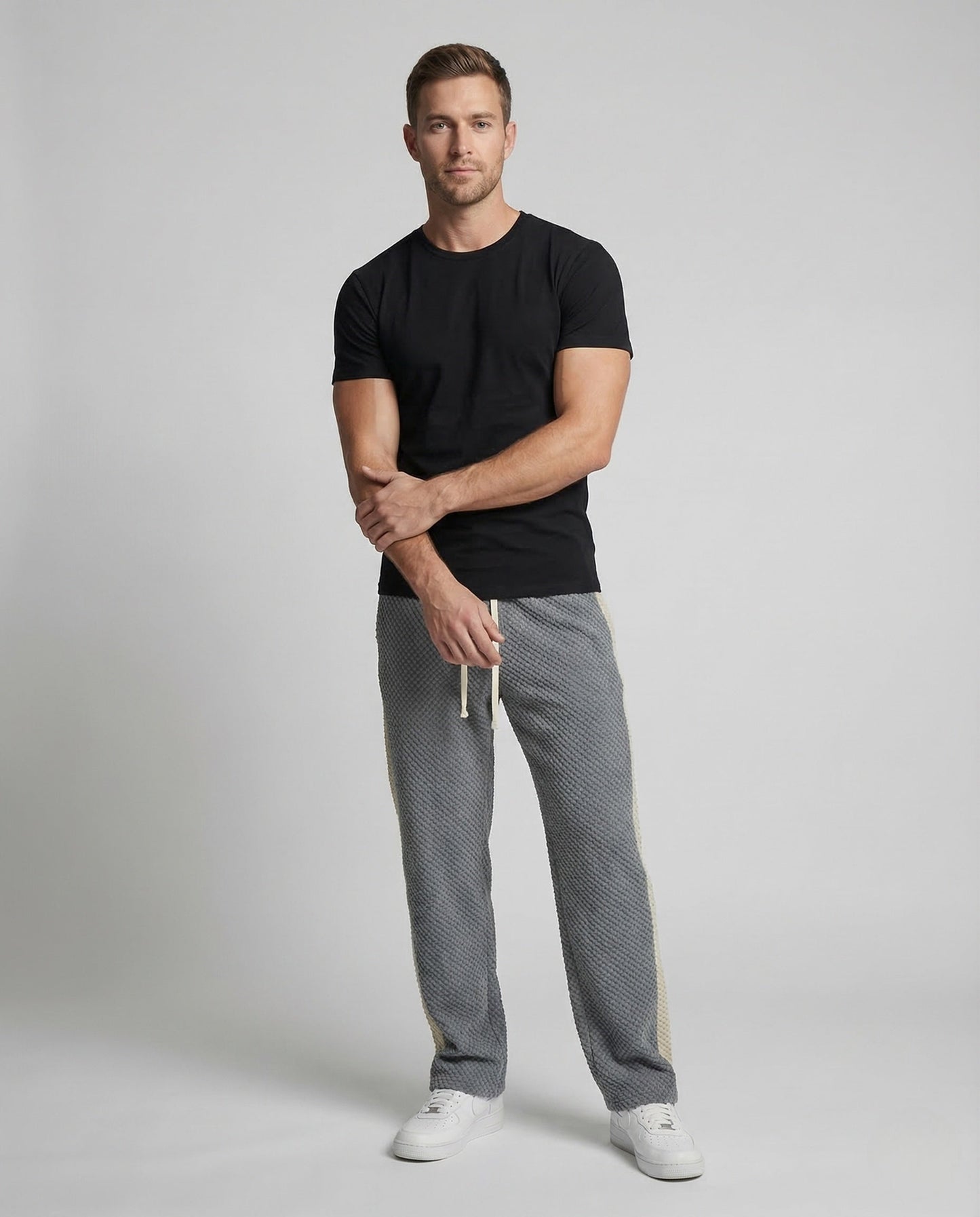Herren Freizeithose Waffelstrick Weit Bein Schwarz Tunnelzug - Eveloria